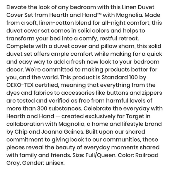 HEARTH&HAND duvet cover FULL/QUEEN railroad grey - Picture 5 of 6